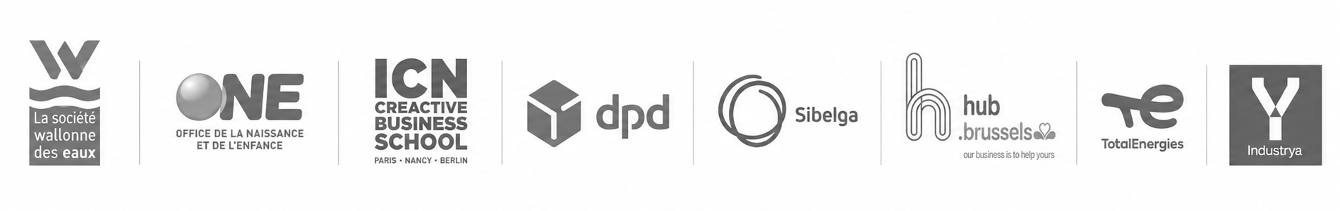 Logos de clients accompagnés par TeamAtoo dans des projets de gouvernance, innovation, transformation et intelligence collective : SWDE, ONE, ICN Business School, DPD, Sibelga, Hub Brussels, TotalEnergies et Industrya.